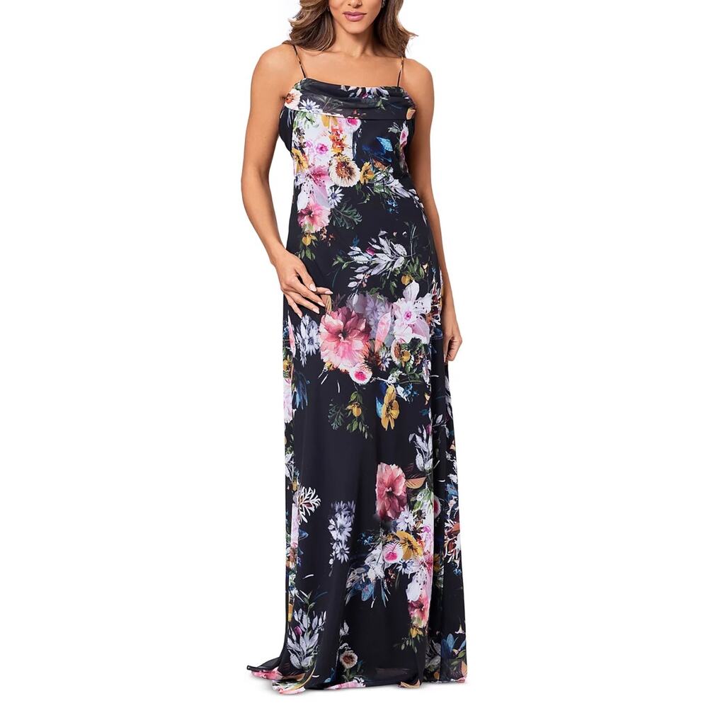 Betsy & Adam Black Maxi Dress Floral Chiffon Sleeveless Draped Long Gown Size 6